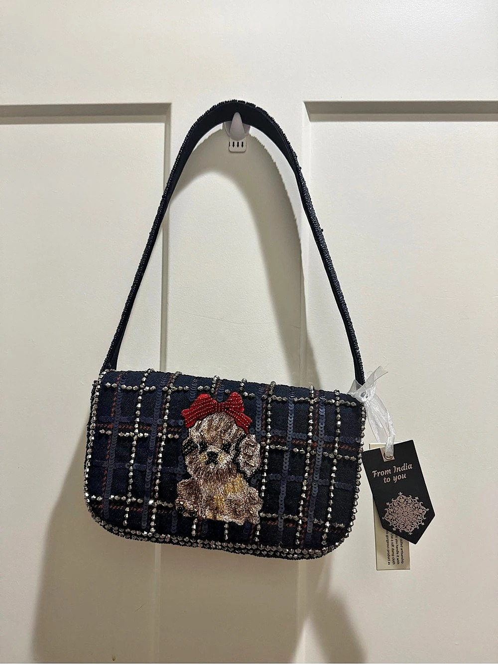 Viral beaded bag! — The Garden Beaded Plaid Shoulder Bag in Black & Blue